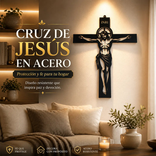 CRUZ DE JESUS EN ACERO ✝️⭐-Protección y Fe para tu Hogar 🕊️