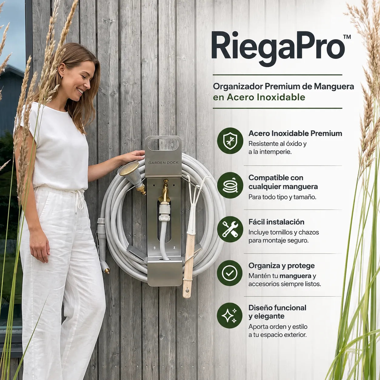 RiegaPro™ – Organizador Premium de Manguera en Acero Inoxidable Compatible Con Cualquier Manguera. ⚙️
