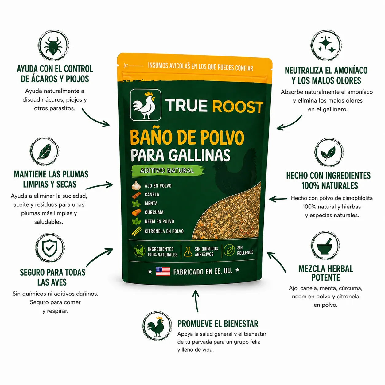 Control de ácaros y piojos para gallinas y pollos 🐓 Suplemento de crecimiento y engorde 500gr