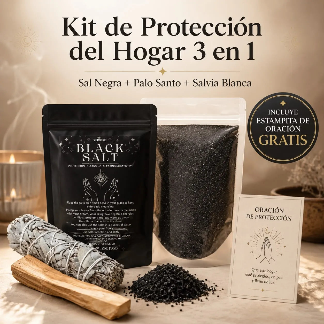 Kit Protección del Hogar 3 en 1 | Sal Negra + Palo Santo + Salvia Blanca 🙏