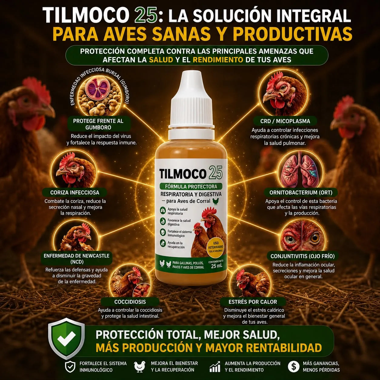 TILMOCO 25™ Fórmula Protectora Respiratoria y Digestiva para Aves de Corral 🐔