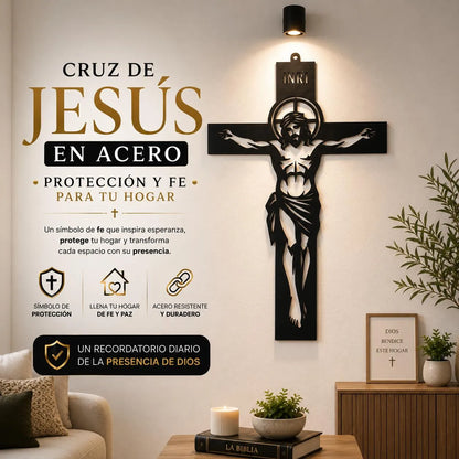 CRUZ DE JESUS EN ACERO ✝️⭐-Protección y Fe para tu Hogar 🕊️