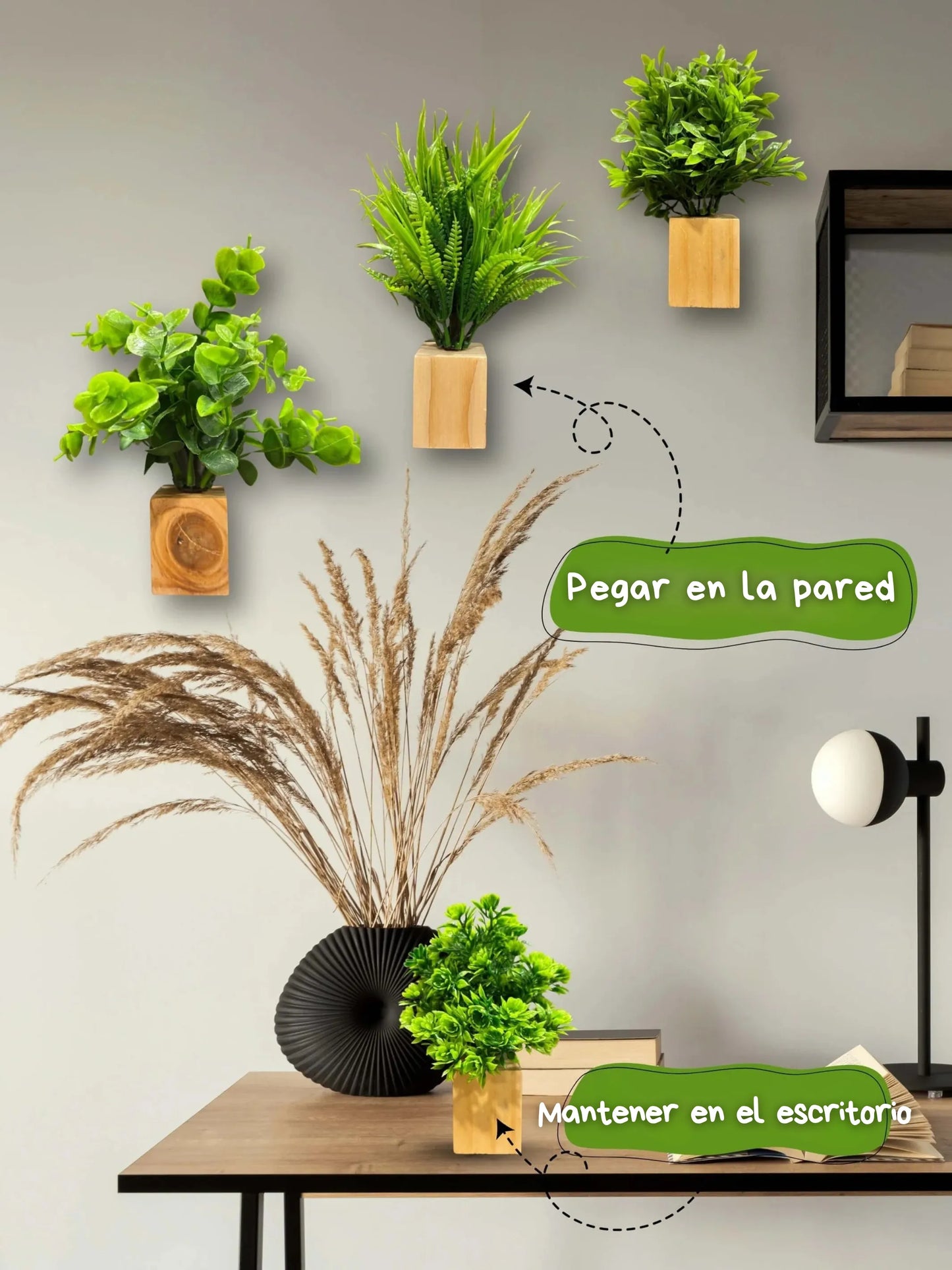 Mini maceta de pared de madera con plantas - 3 piezas
