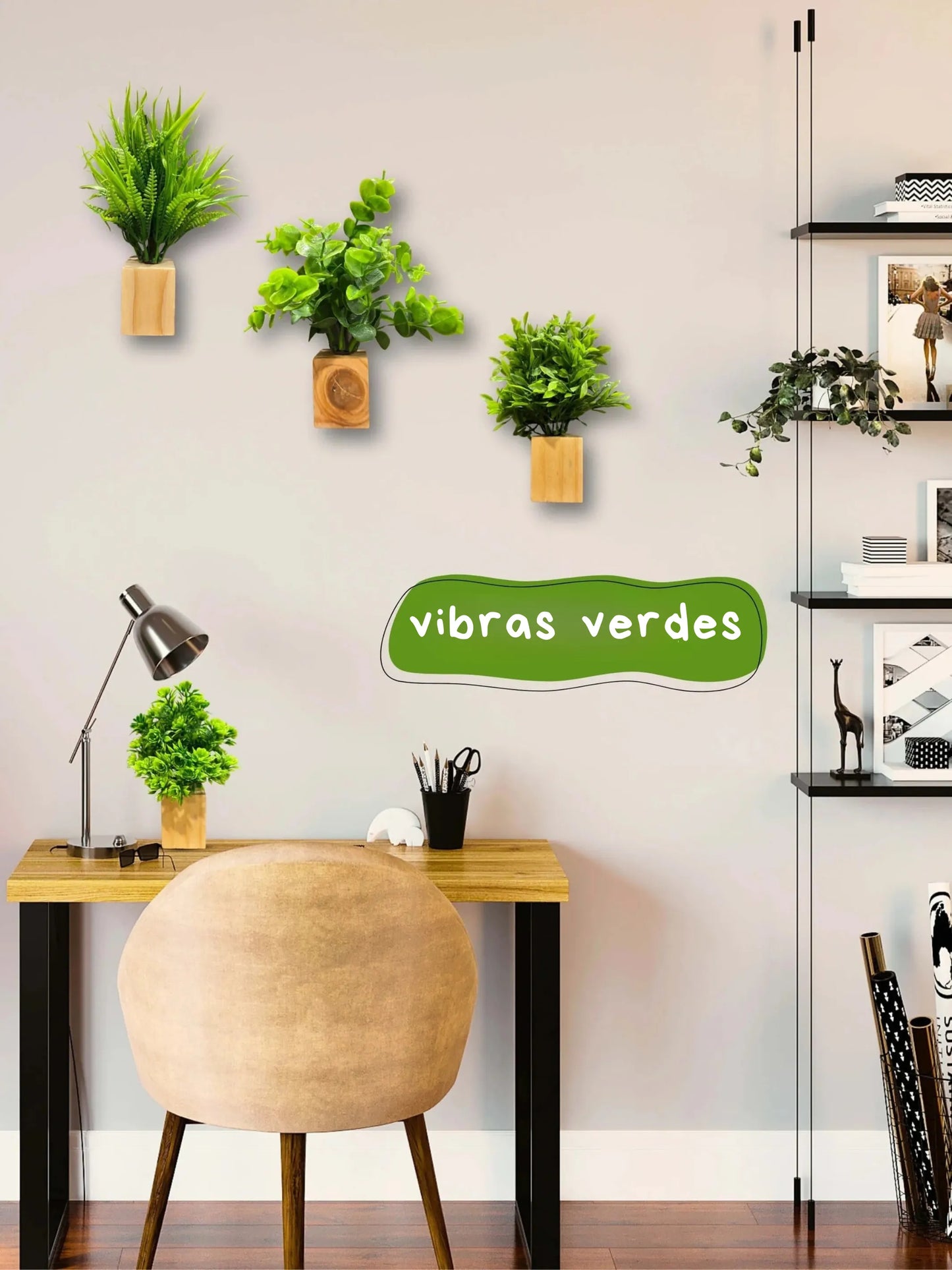 Mini maceta de pared de madera con plantas - 3 piezas