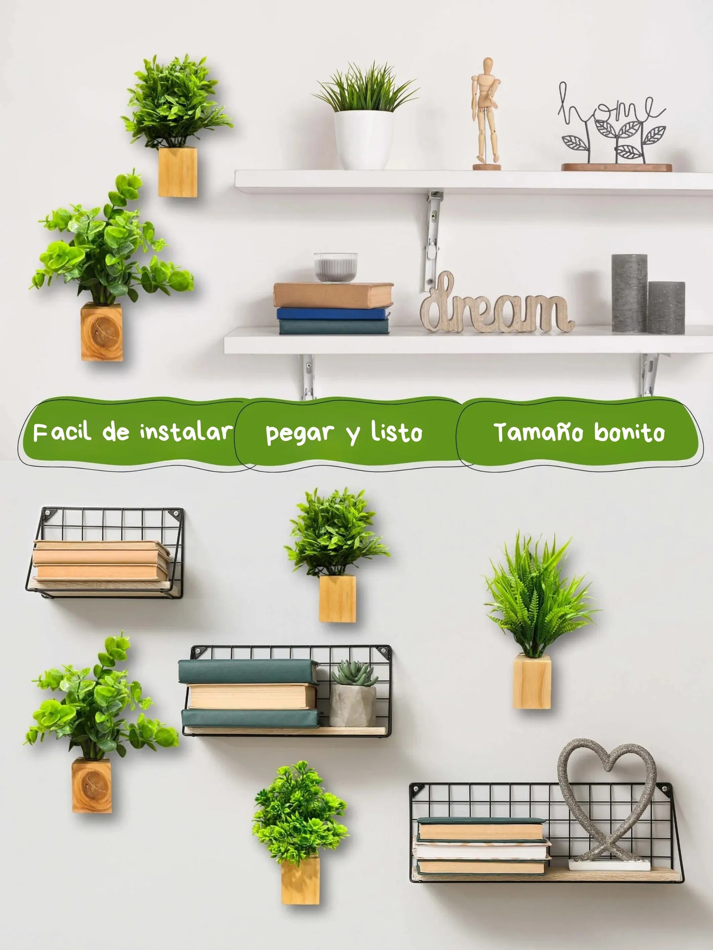 Mini maceta de pared de madera con plantas - 3 piezas